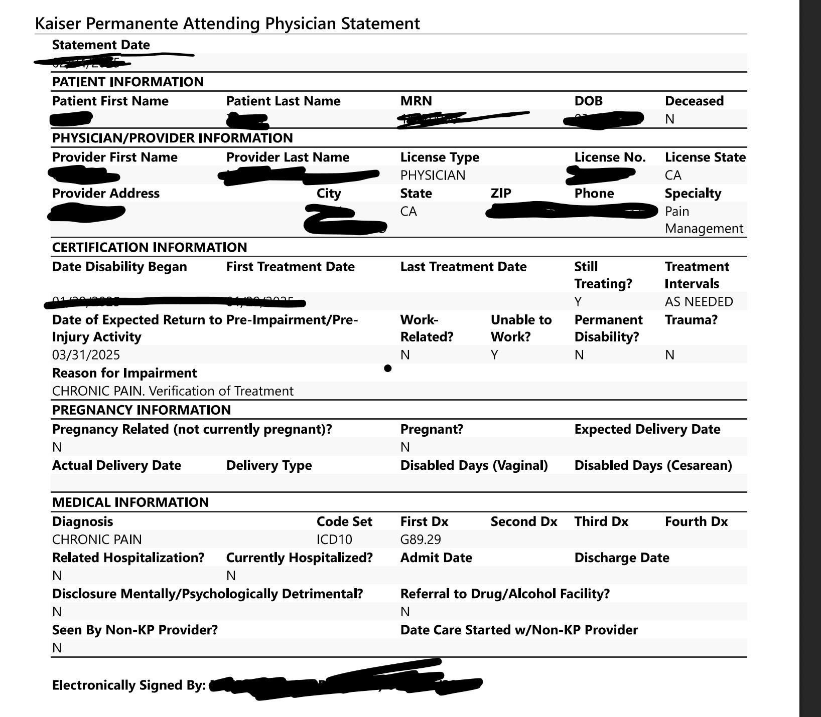 Doctor-provided medical leave certificate example